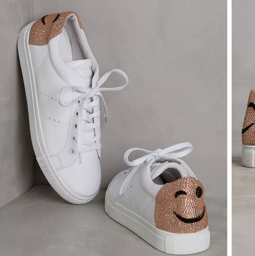 Anthropology X Lola Cruz White Leather Sneakers Pink Smiley Face Detail Sz 40 9